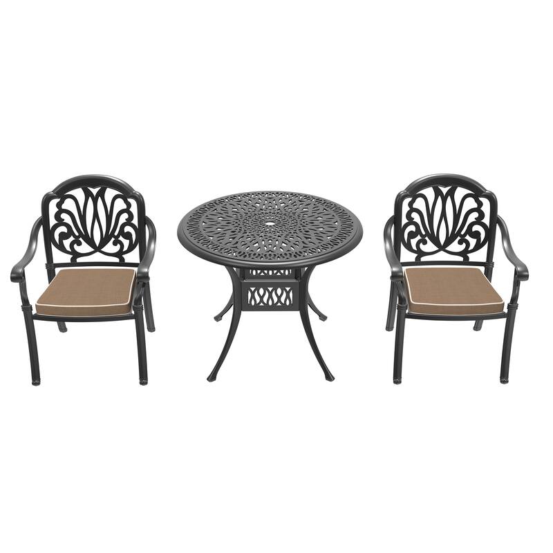 3/5-Piece Cast Aluminum Outdoor Dining Set with 35.43 in. Round Table and Random Color Seat Cushions