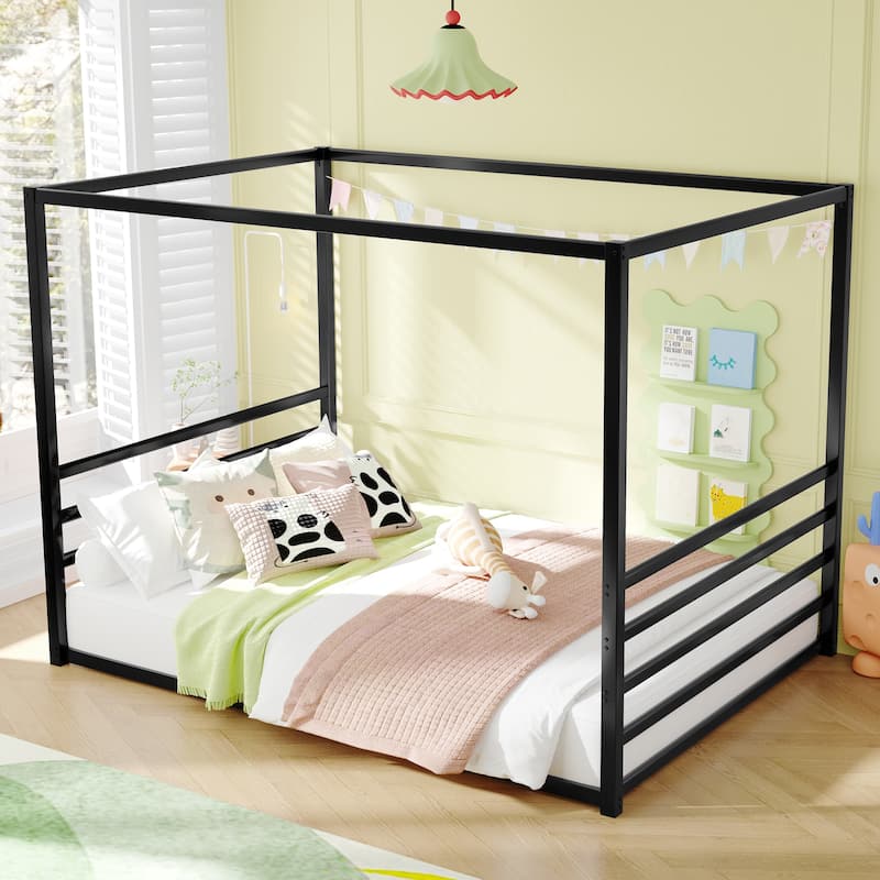 Queen Size Iron Canopy Bed with Fence Guardrails and Sunshade Design