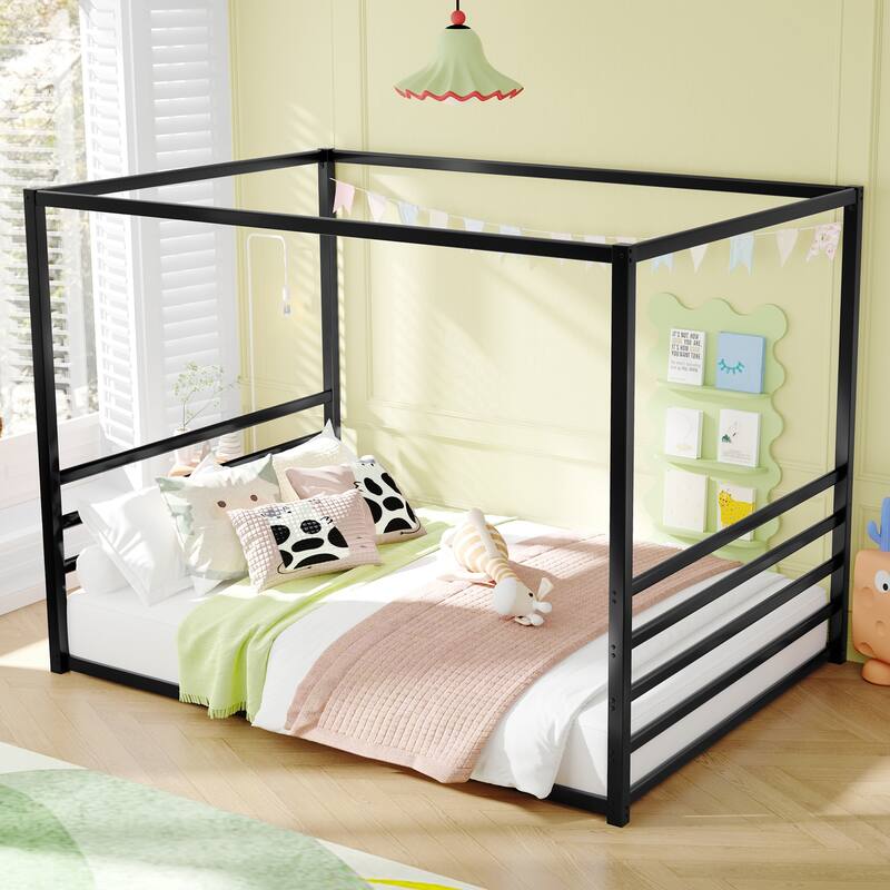 Queen Size Sunshade Floor Bed, Iron Double-Size Bed Frame,Equipped With Fence-Style Guardrails