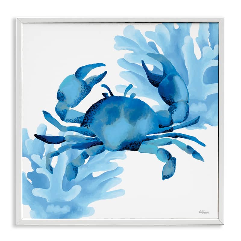 Stupell Blue Tone Crab & Coral Framed Giclee Art Design By Cat Thurman Designs - 12 x 12 - White