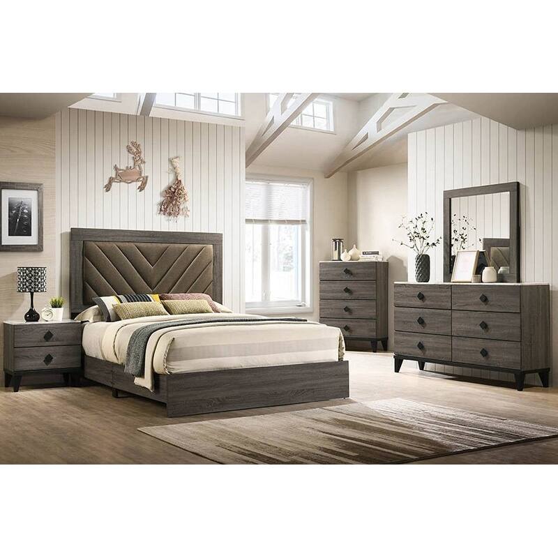 Contemporary Style Bed Set V-Design Upholstered Headboard Gray Finish Bedroom Furniture