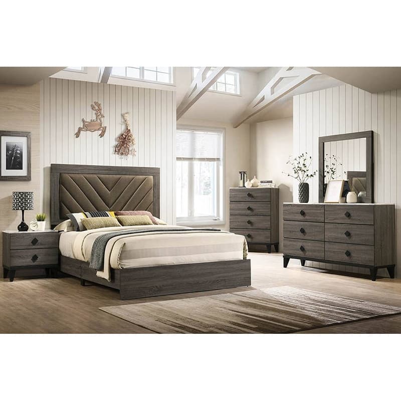 Contemporary Style Bed Set V-Design Upholstered Headboard Gray Finish Bedroom Furniture