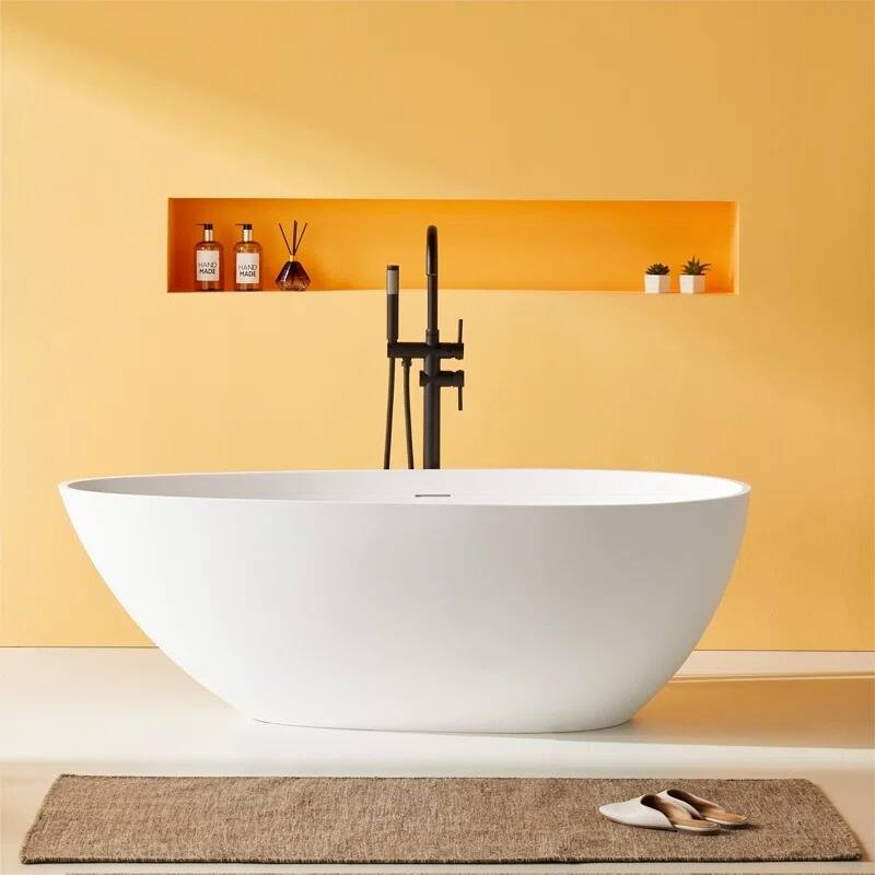 ABRUZZO Freestanding Soaking Solid Surface Bathtub with Overflow and Pop-up Drain