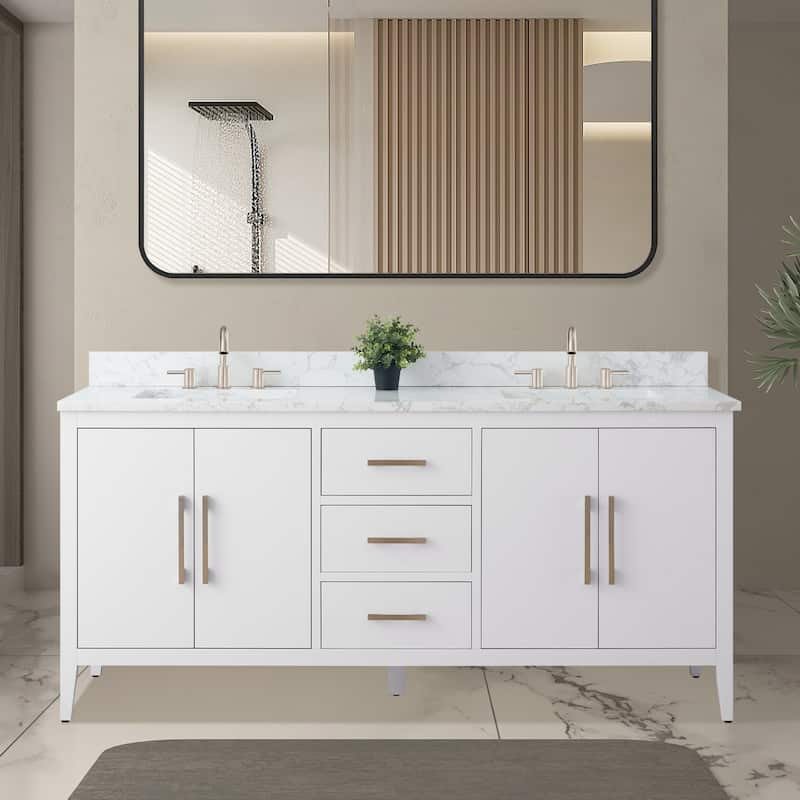 Vanity Art 72" Double Sink Bathroom Vanity Cabinet with Engineered Marble Top - 72"/Brushed Nickel Handle - White
