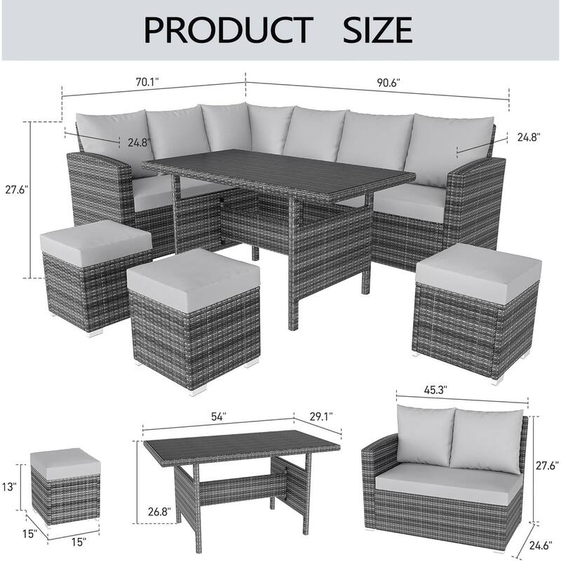 7-Piece Outdoor Patio Sectional Sofa Set with Dining Table – All-Weather PE Wicker Conversation Set