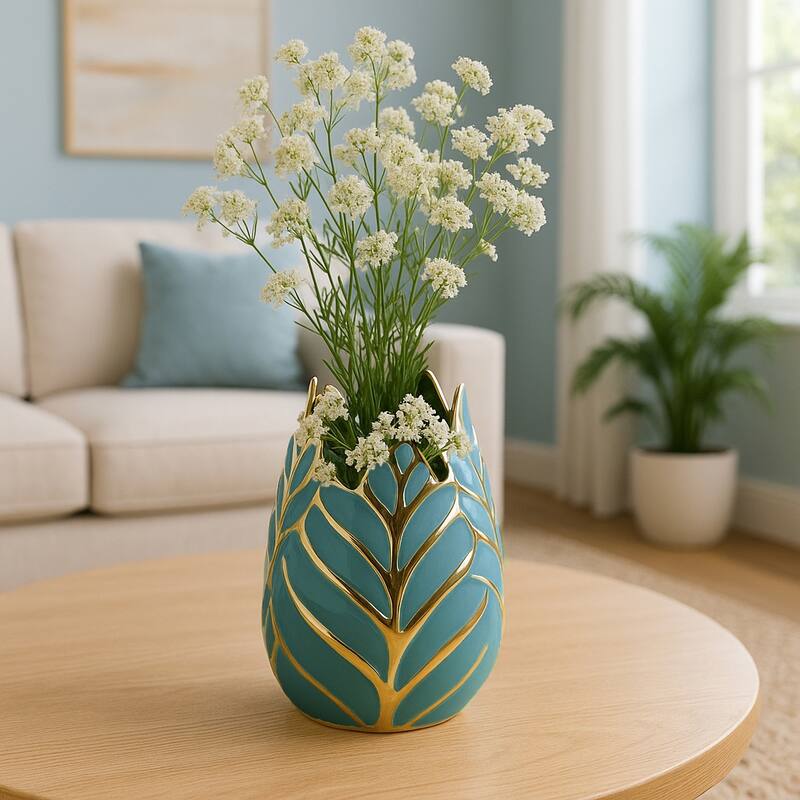 Ceramic Modern Leaf Sculptural Flower Vase - Blue/ Green - 8.0"