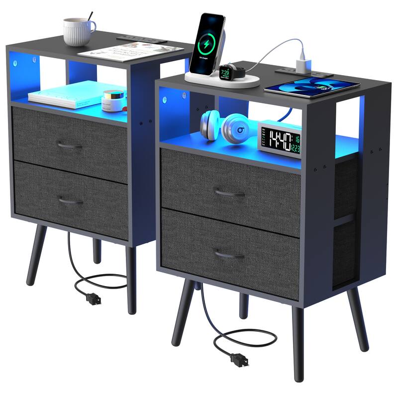 2 Pack Modern Nightstand with Charging Station, Bedside Tables with LED Light and Fabric Drawers