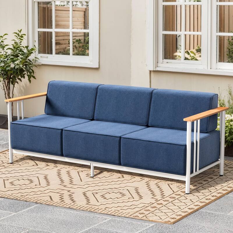Outdoor Patio Funiture Set with Extra-Thick Seat cushion - White & BLue Cushion - 3-Seat Sofa