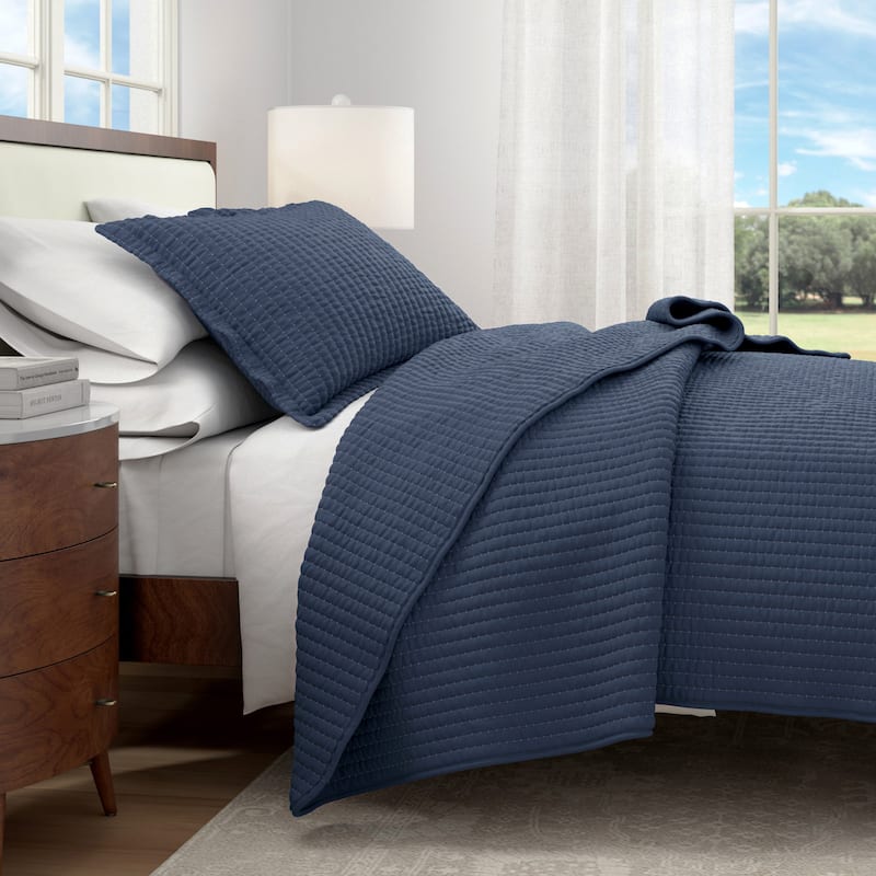 Linery & Co. Detailed Channel Stitch Microfiber Quilt Set With Shams. - Navy - Queen