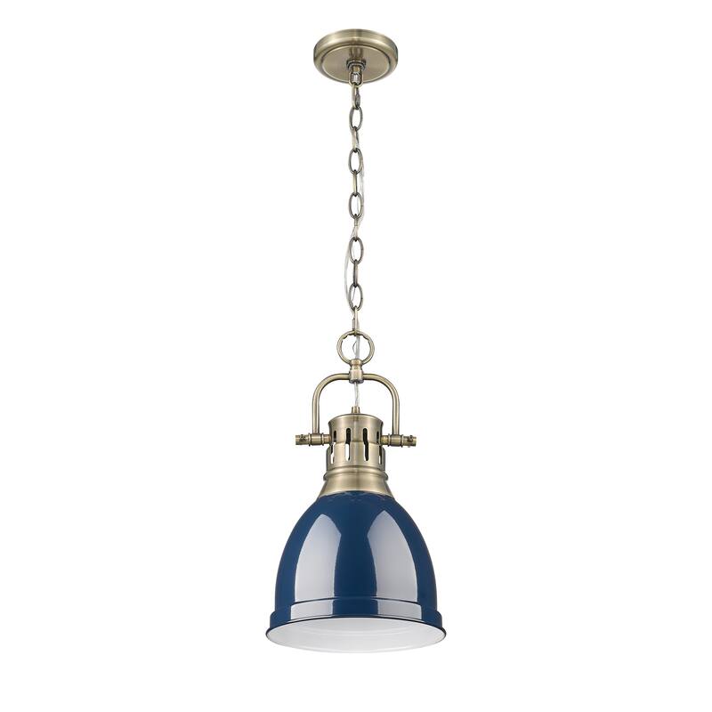 Yep by Golden Lighting Duncan 1-light 9in Chain Hung Pendant in Aged Brass and Navy Blue shade