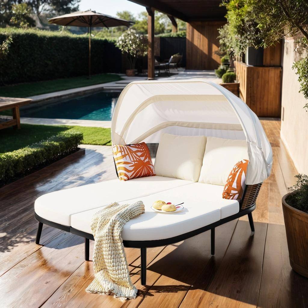 Patio Daybed with Retractable Canopy, Outdoor Rattan PE Wicker Back Loveseat Sofa Set with Pillows and Cushions, Beige