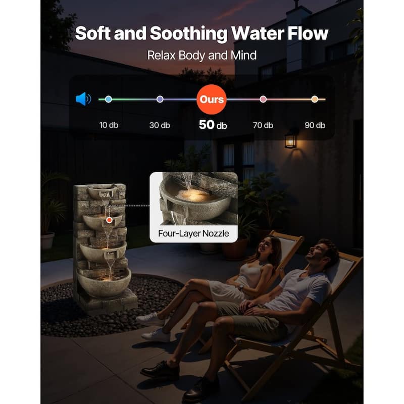 Gray 4-Layer Outdoor Water Fountain for Patio Garden Yard with Soothing Flow and LED Lighting - 15.16 x 13.19 x 35.63 in