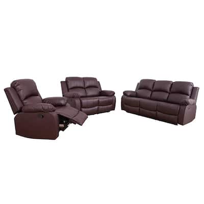 Brown Semi PU Synthetic Leather 3-Piece Couch Living Room Sofa Set