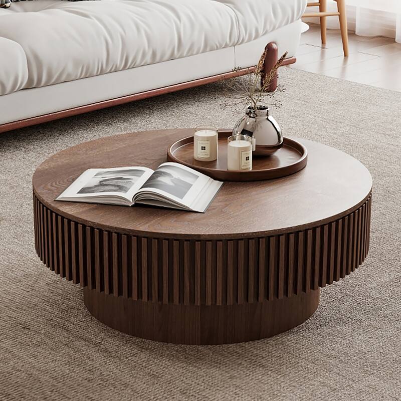 Modern Solid Wood Veneered Round Coffee Tea Table with Storage
