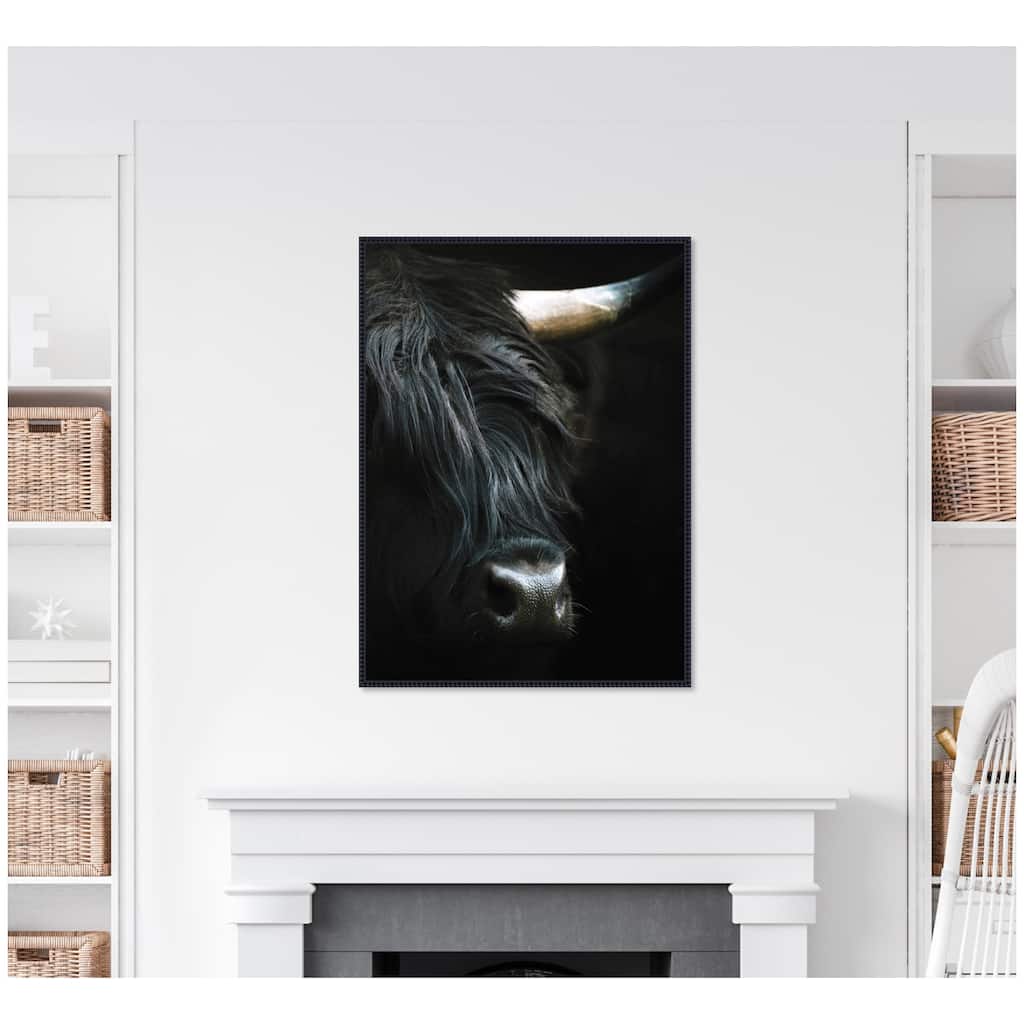 Kate and Laurel Minimalist Black Highland Cow VERTICAL CROP by Michael Schauer Framed Canvas Wall Art Print