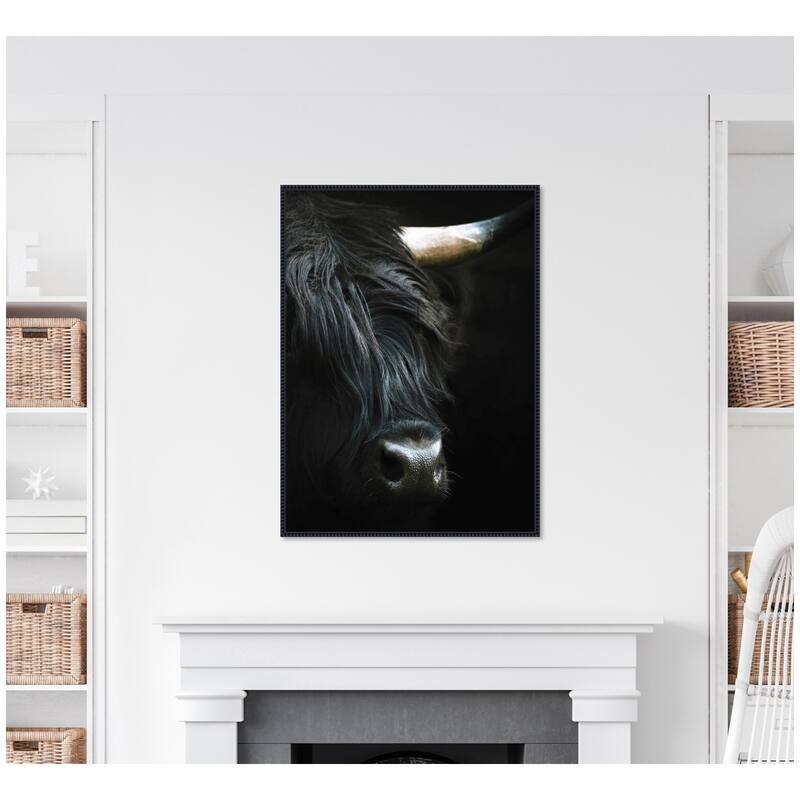 Kate and Laurel Minimalist Black Highland Cow VERTICAL CROP by Michael Schauer Framed Canvas Wall Art Print