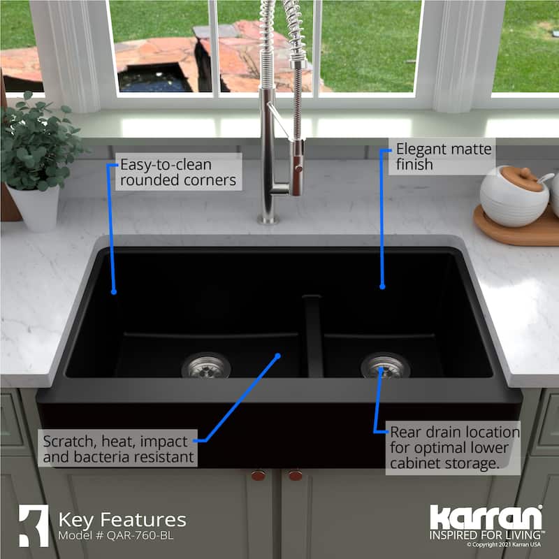 Karran Retrofit Farmhouse Quartz 34 in. Double Bowl 60/40 Sink Kit