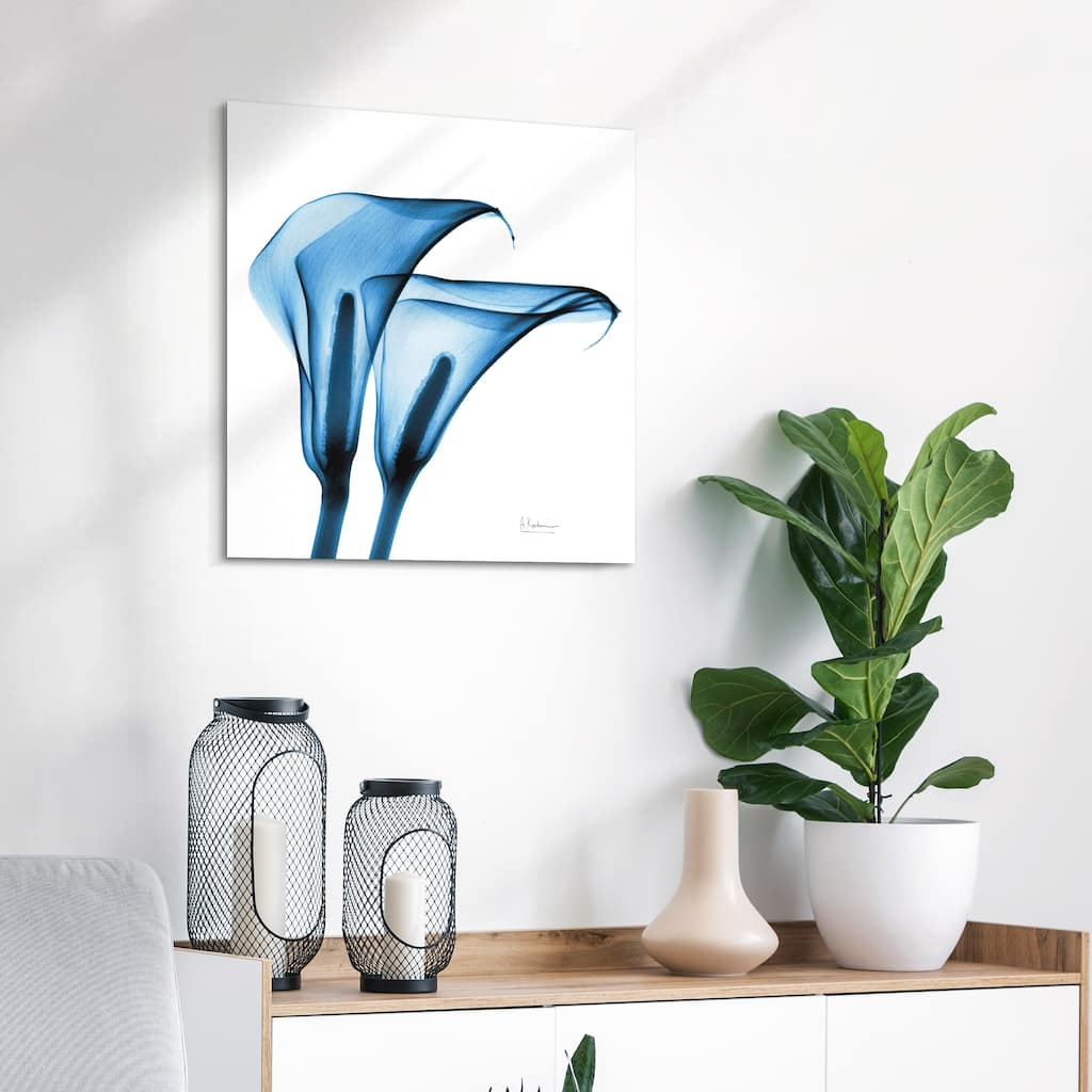 "Indigo Calla Lililes " Frameless Free Floating Tempered Glass Panel Graphic Wall Art