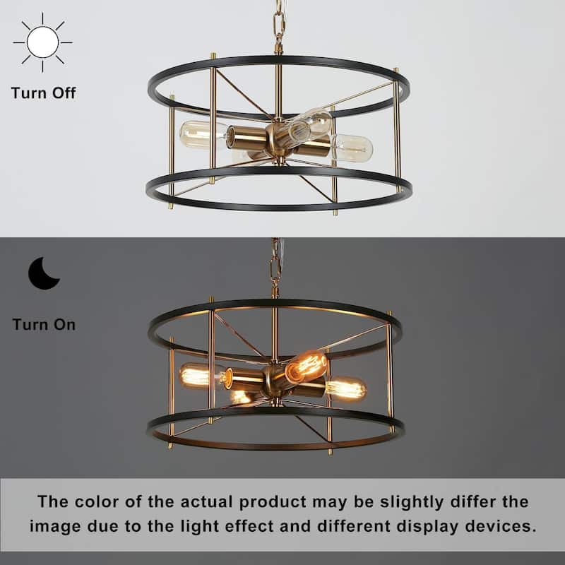 Modern Farmhouse 4-Light Black Gold Drum Chandelier Cage Pendant Lights for Kitchen Island - 17" D x 8" H