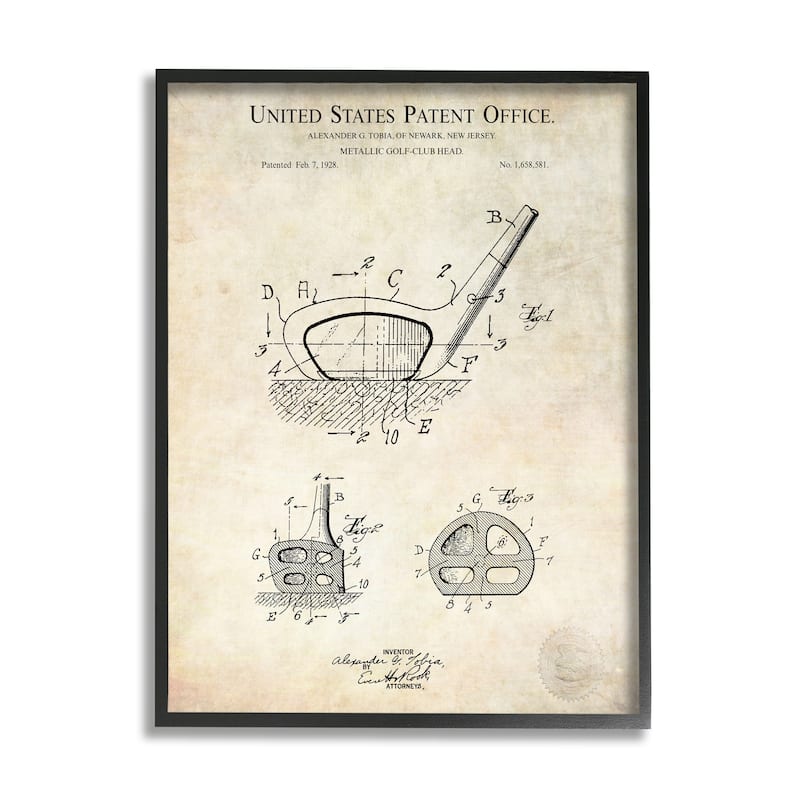 Stupell Golf Club Head Detailed Design Blueprint Patent Framed Wall Art - Beige - 16 x 20 - Black