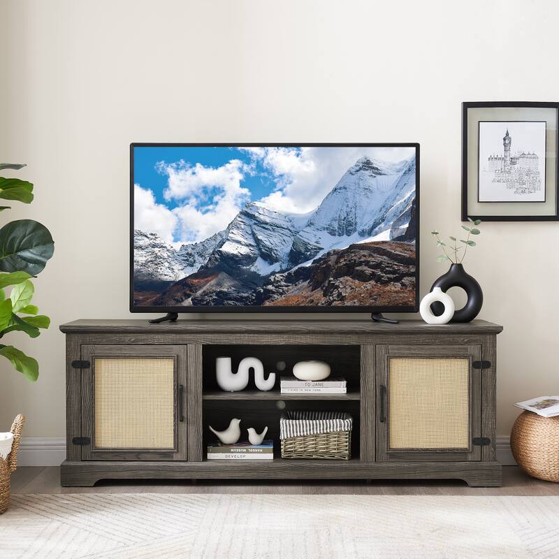 TV Stand for TVs up to 70" with Natural Rattan Doors, 2 Storage Cabinets, 3 Adjustable Shelves, Multifunctional Console Table