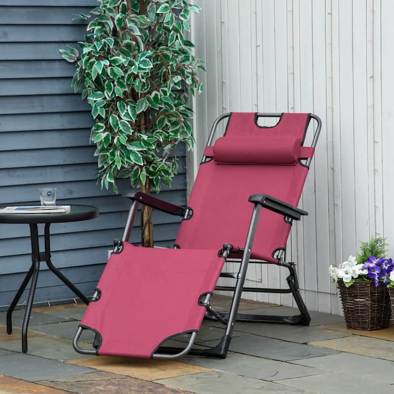 Outsunny 2-in-1 Patio Lounge Chair w/ Pillow, Outdoor Folding Sun Lounger Reclining to 120°/180°, Oxford Fabric