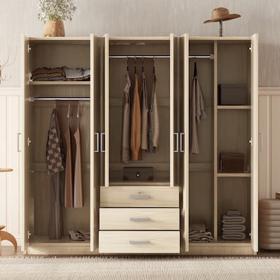 68" High Armoire Closet Cabinet for Bedroom, Classic Brown Freestanding Floor Big Wardrobe with Hanging Clothes Rod & Drawers
