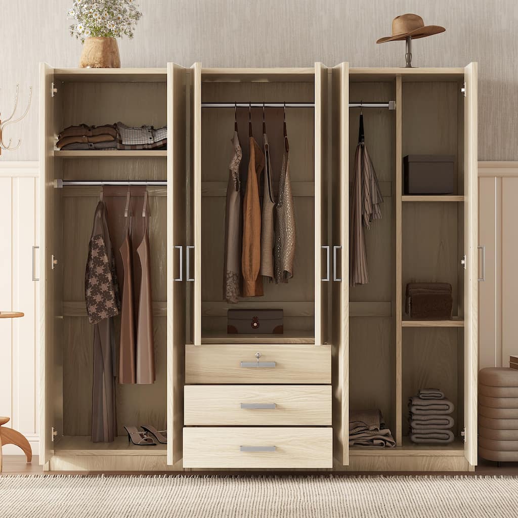 68" High Armoire Closet Cabinet for Bedroom, Classic Brown Freestanding Floor Big Wardrobe with Hanging Clothes Rod & Drawers