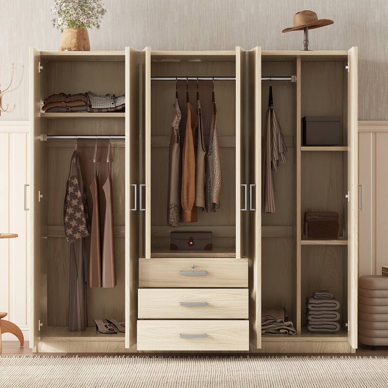 Modern Clean 6-Doors Wardrobe Wooden Armoires with 3 Storage Drawers and Built-In Hanging Rod Design