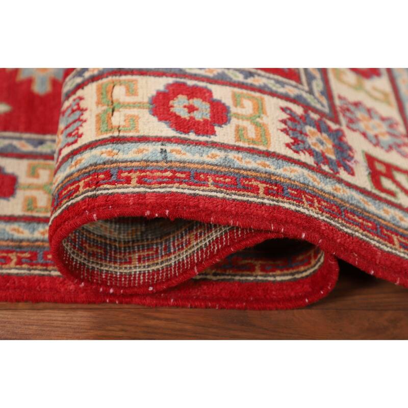Geometric Red Kazak Foyer Rug Hand-Knotted Oriental Wool Carpet - 2'7" x 4'3"