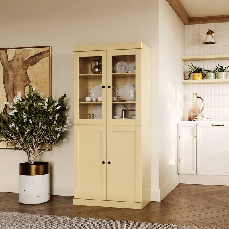 Palace Imports 100% Solid Wood 32" Pantry Cabinet with Clear Glass, Shaker Doors, 2-Drawers and Adjustable Shelves