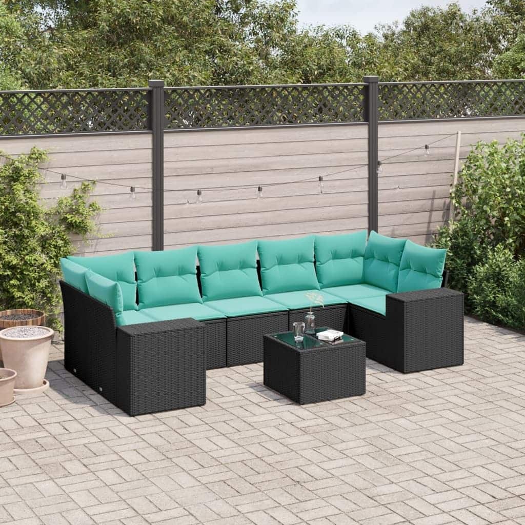 vidaXL 8 Piece Patio Sofa Set with Cushions Black Poly Rattan - 21.7 x 24.4 x 27.2