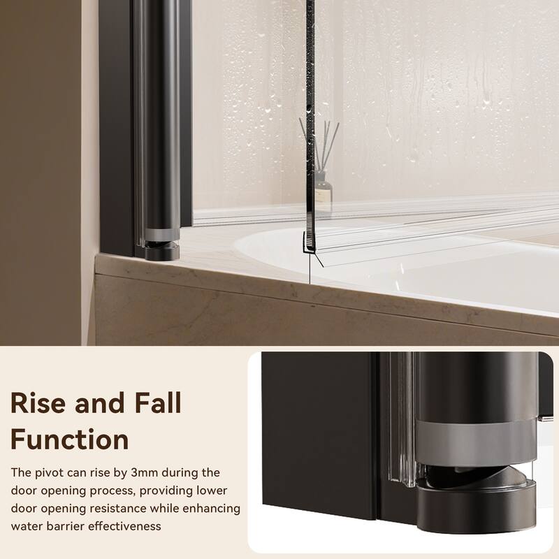 34" W x 58" H Frameless Folding Pivot Bathtub Shower Door, 1/4" Tempered Glass, Matte Black, Bifold Reversible Panel - 34x58"