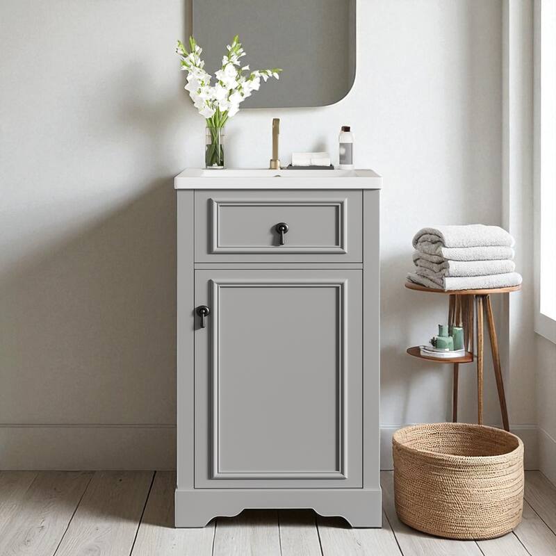 20" Bathroom Vanity with Ceramic Sink, Soft-Close Door, Adjustable Shelf, and Door-Mounted Storage Rack for Small Bathrooms - Grey