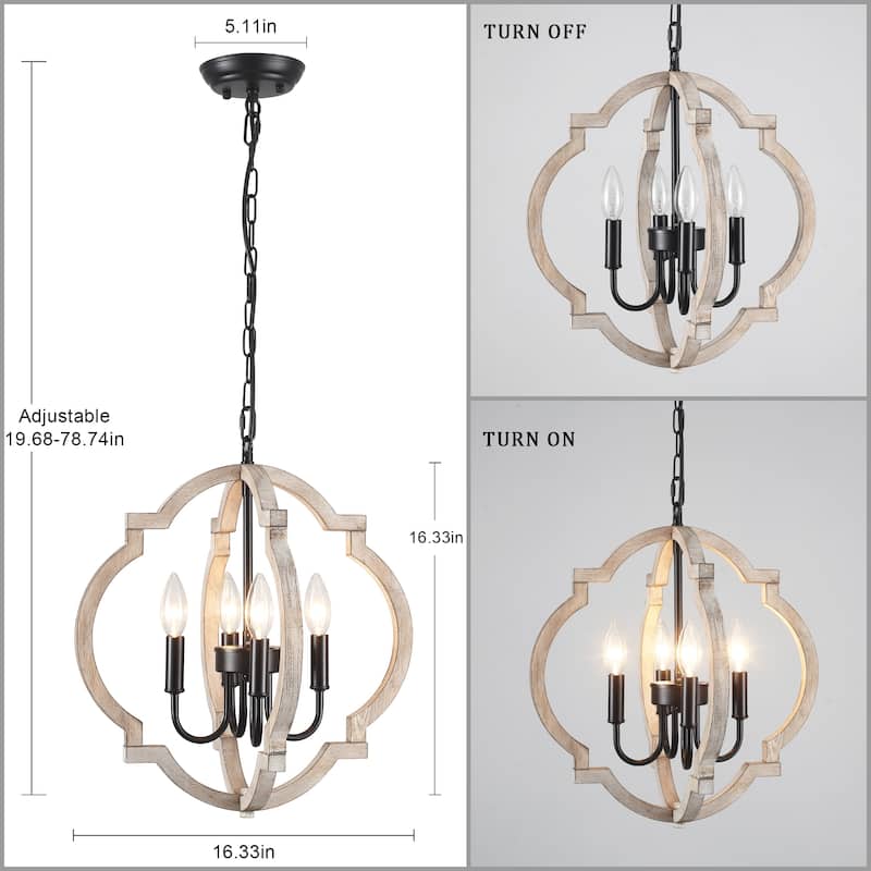 4-Light 16.33"W Wooden Lantern Rustic Chandeliers for Dining Room Kitchen