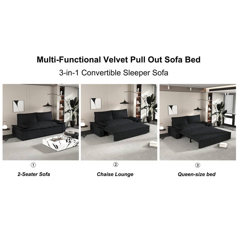 Multi-Functional 63.8" Queen Pull Out Sofa Bed with Side Storage and Wheels - 3-in-1 Convertible Sleeper Sofa
