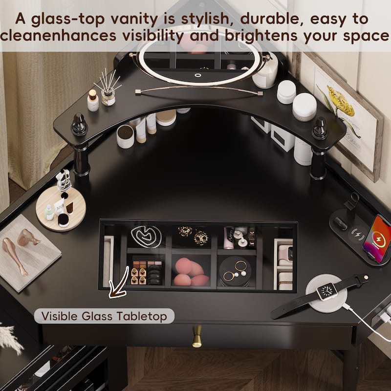 Modern Corner Makeup Vanity Desk with Stool, Charging Ports, Glass Tabletop, Removable Side Cabinet, Drawer & Storage Shelves