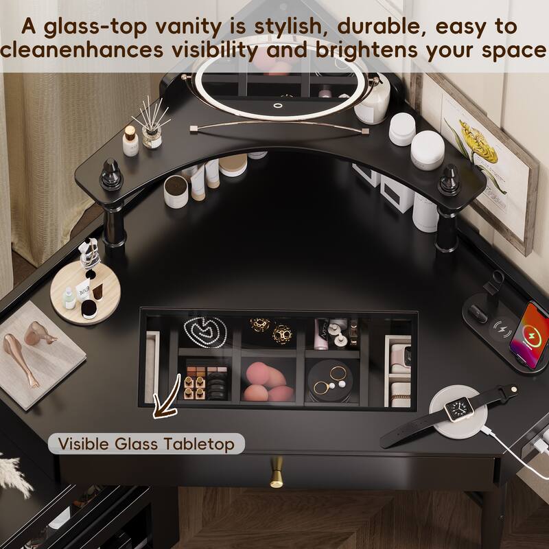 Roomfitters Corner Vanity Desk Set with Stool, Charging Station, Glass Top, Drawer, Shelf, Pull-Out Cabinet