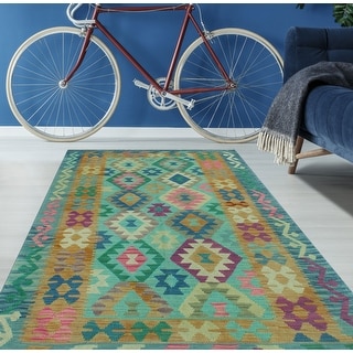 Hand-Woven Sun Faded Kilim Behnam Lt. Blue/Gold Rug - 4'2