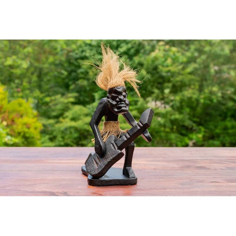 Handmade Wooden Primitive Guitarist Tribal Funny Statue Sculpture Tiki Bar Handcrafted Wood Gift Decor Figurine Hand Carved