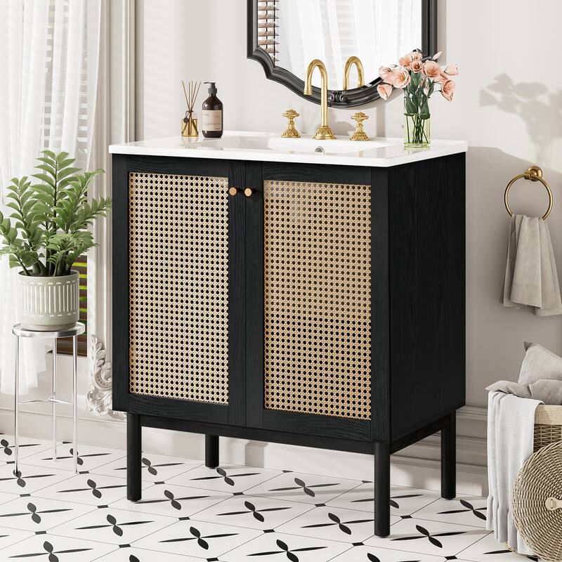 30" Eco-Friendly Bathroom Vanity – Handwoven Rattan Doors with Silent Soft-Close Hinges, Blending Natural Craftsmanship - Black