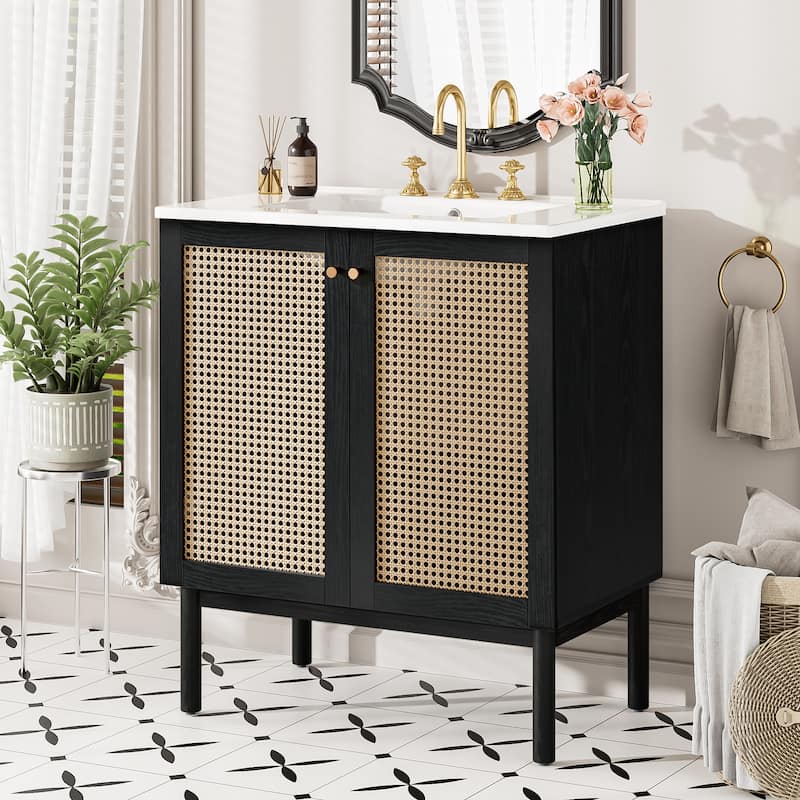GDFStudio - Lilia Wood & Rattan 30" Bathroom Vanity with Handmade Doors & Soft-Close Design - 30" - Black