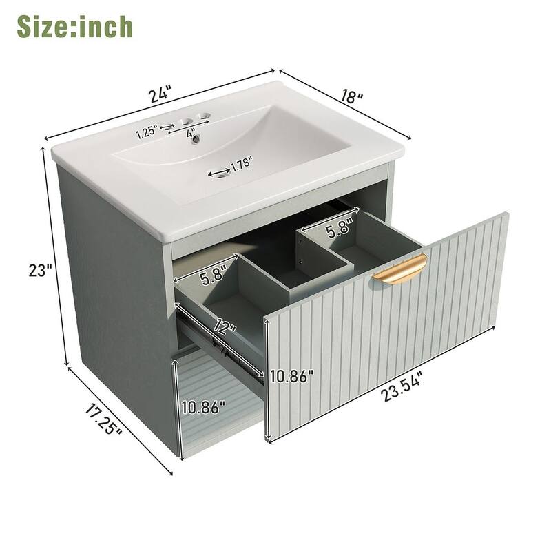 24” Modern Wall Mounted Bathroom Vanity with Ceramic Sink and 2 Drawers