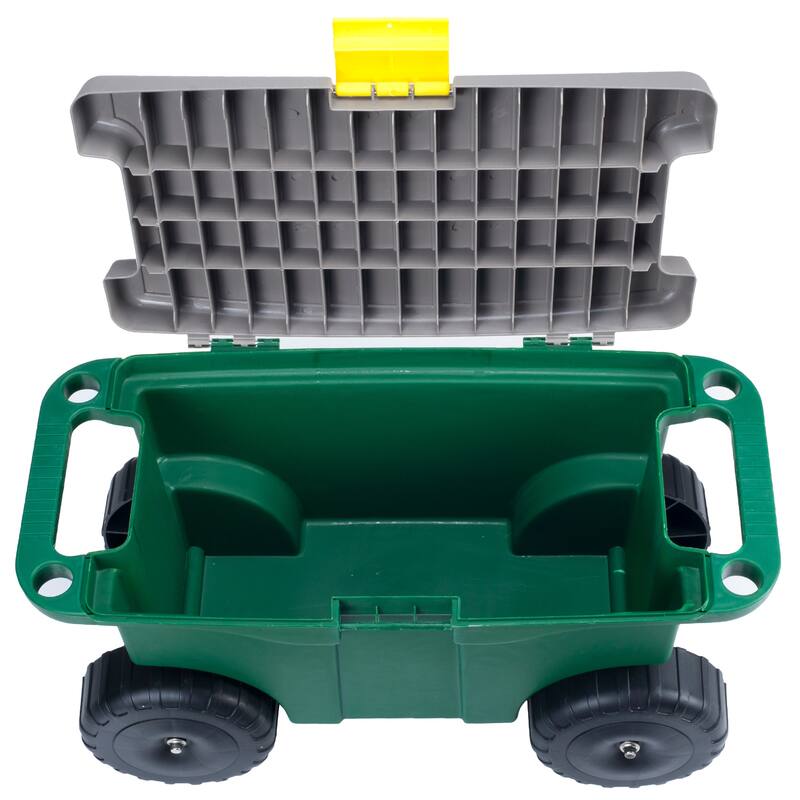 Rolling Garden Cart with Seat - Plastic Storage with Bench and Interior Tool Tray by Pure Garden (Green)