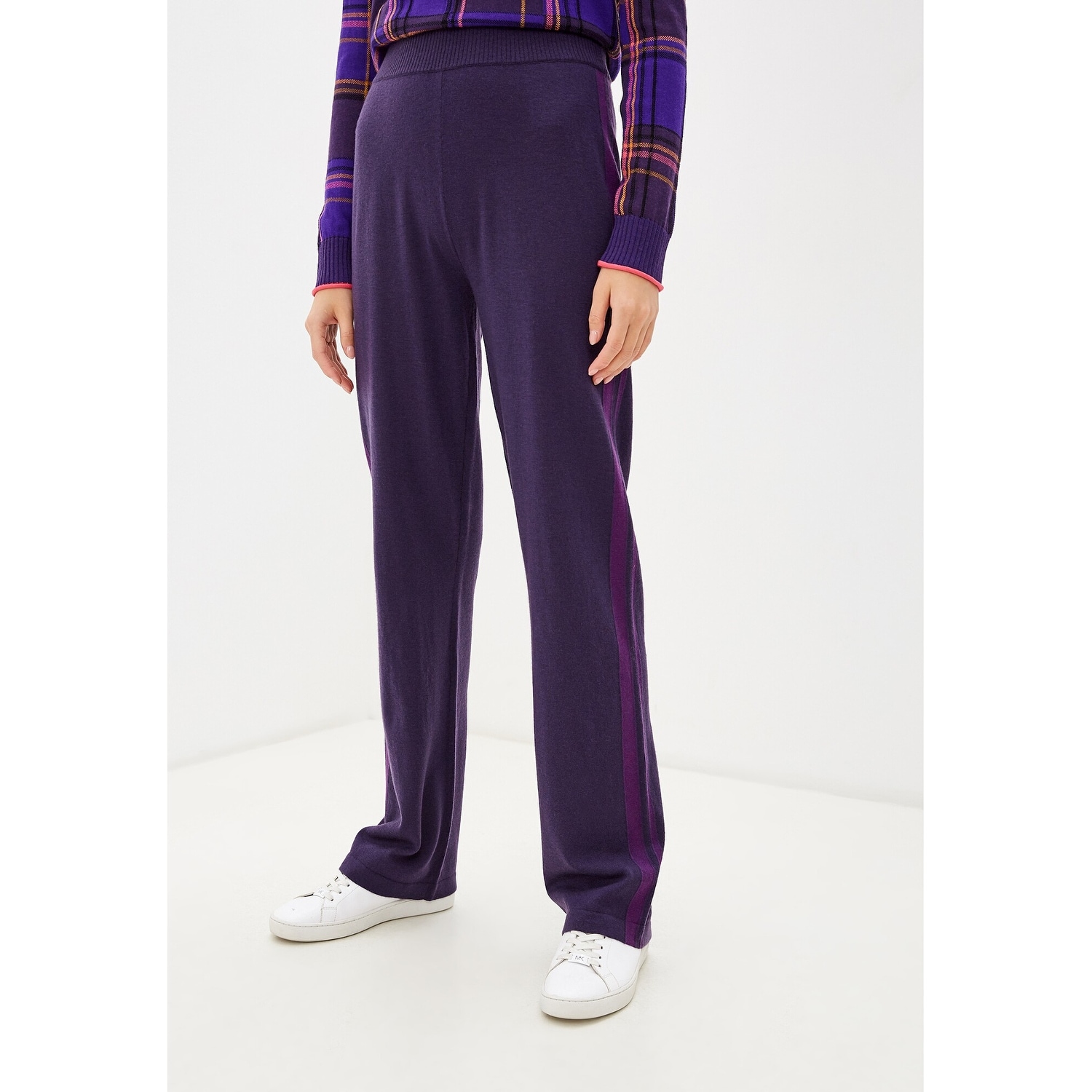 purple striped trousers