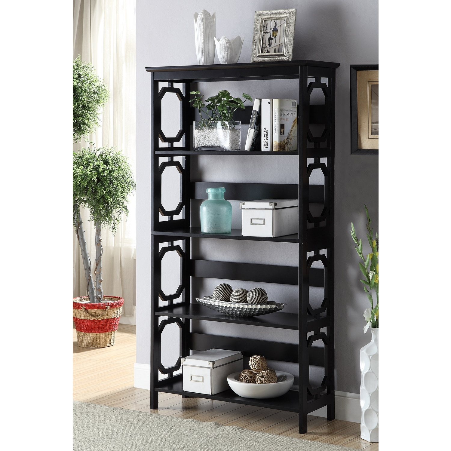 5-Tier Bookcase with Geometric Side Panels and Open Shelves for Modern Home or Office Display - 31.5