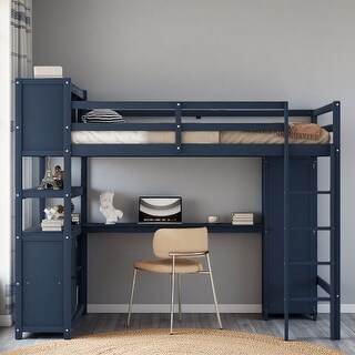 Full Size Dark Blue Loft Bed with Wardrobe, L-Shaped Desk, Cabinet, Bookshelf, and Safety Rails