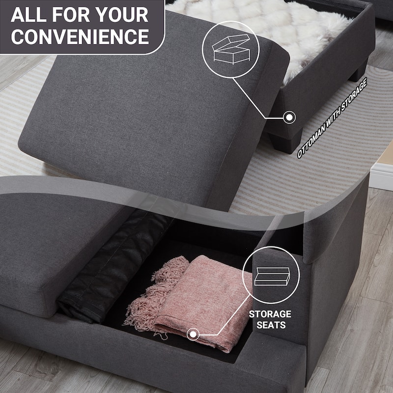 L-shaped Chaise Sectional Sofa with Movable Ottoman, Hidden Storage in Armrests & Seats, Storage Couches with Thick Cushions