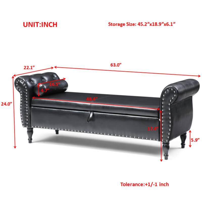63" PU Upholstered End of Bed Bench with Flip Top Storage and Nailhead Trim