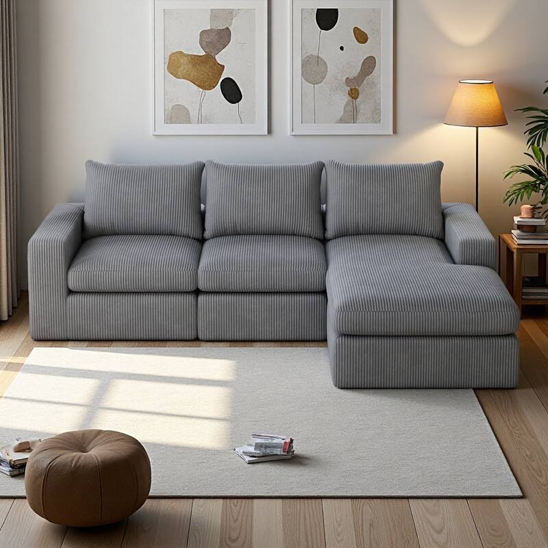 99" Corduroy L-Shaped Sectional Sofa with Chaise and 3 Pillows, No Assembly Required - Grey